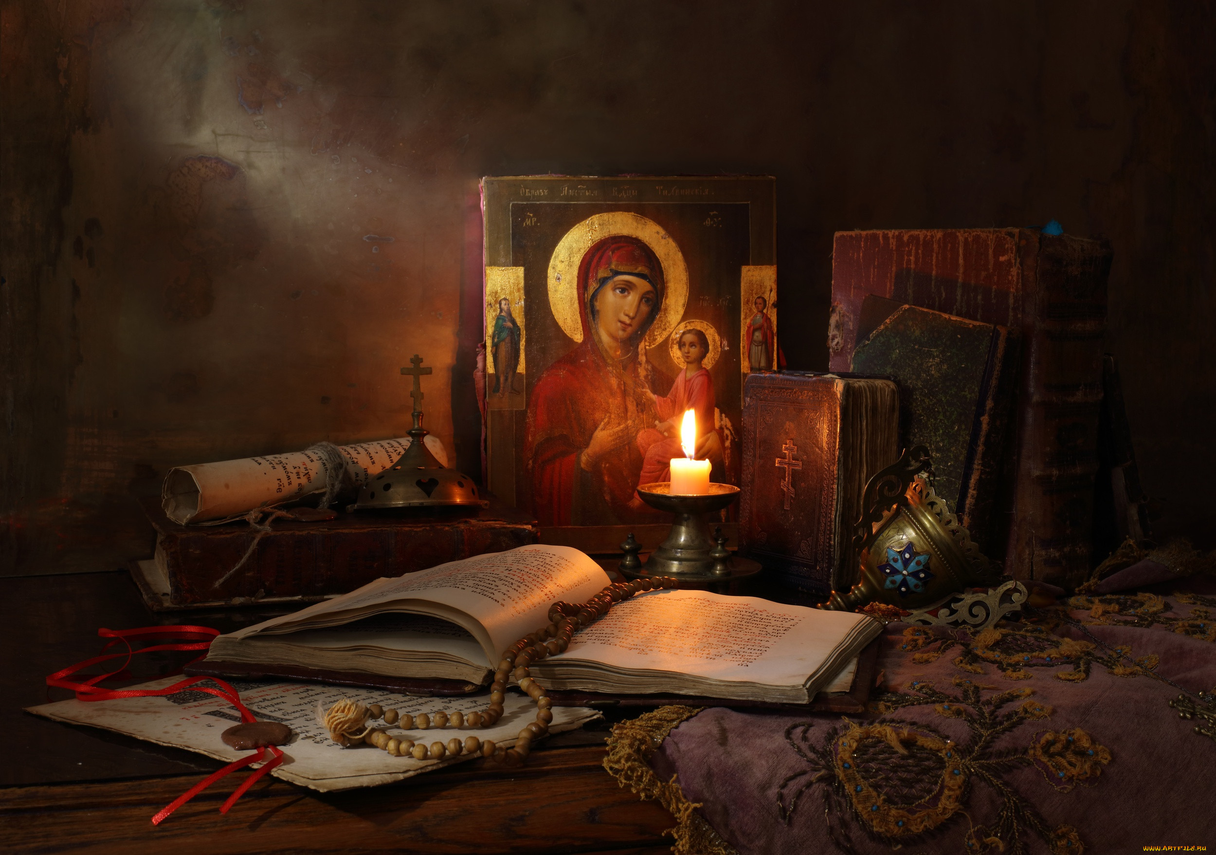 , , , , , books, and, candle, still, life, with, icon